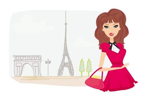 beautiful women Shopping in Paris - vector card