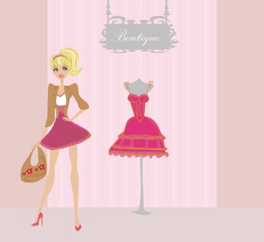 Elegant shopping woman in dress shop illustration