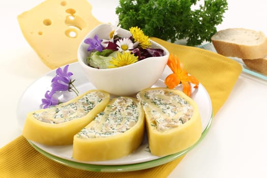 Cheese roll filled with herb cream cheese and mushrooms