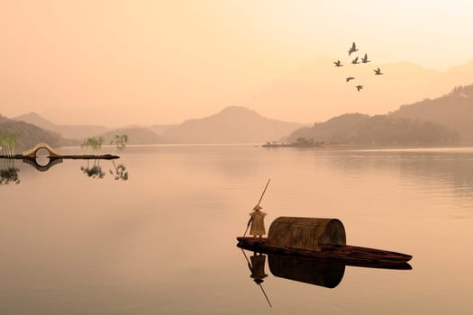 Chinese landscape painting - Sunset of Fisherman