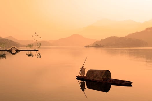 Chinese landscape painting - Sunset of Fisherman