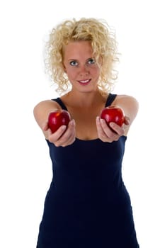 Woman with apple isolated on white background