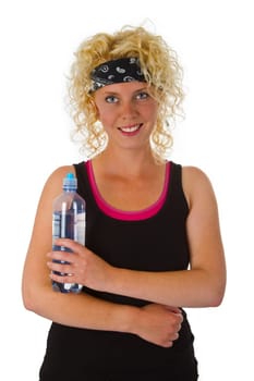 Attractive young woman with water bottle isolated on white background
