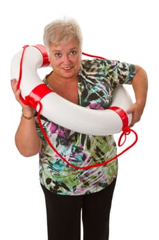 Senior woman with lifebuoy - isolated on white background
