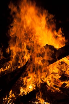 Large campfire in which boards burn