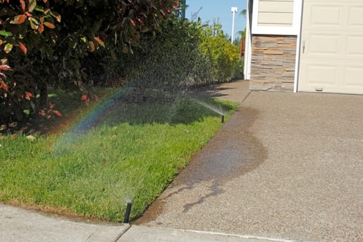 On the front left side of a home a lawn sprinkler is spraying water and creating a rainbow over the grass on a sunny blue sky day in spring.