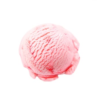 Overhead view of a scoop of rich creamy pink strawberry icecream on a white background