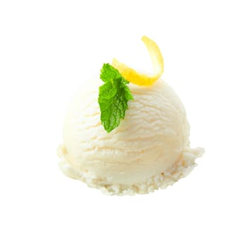 Scoop of refreshing lemon sorbet icecream with zest and mint on a white background