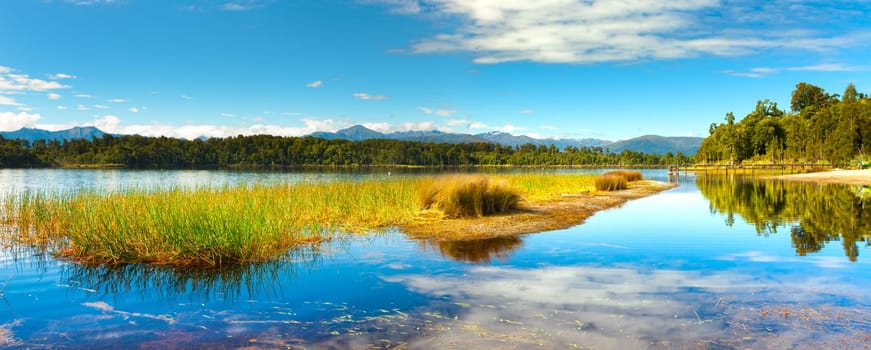Lake Mahinapua in New Zealand. Panorama