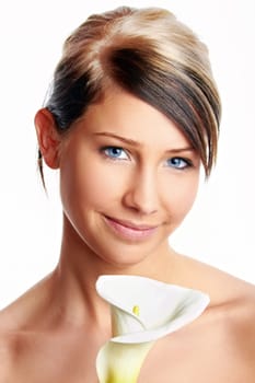 Beautiful young girl with flower against white background