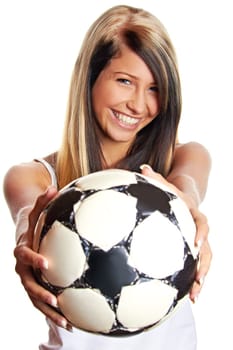 blonde woman playing football