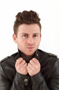 Young russian model on white background with leather jacket