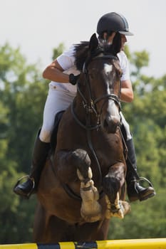 TRESTINA - JULY 07: Unidentified rider in action at "Jump equestrian Moravian Championship"" on July 07, 2012 in Trestina (Czech Republic)"
