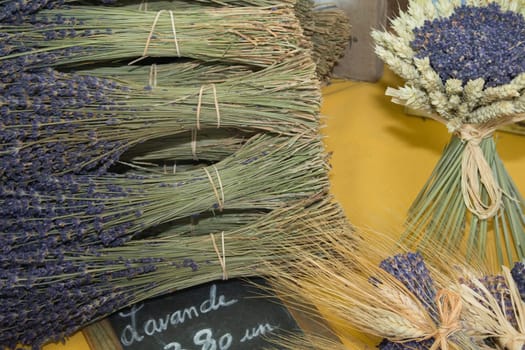 Bunches of lavender on a market stall. (Arles,  Provence, France)
