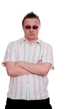 Man in sunglasses and shirt does with rejection look