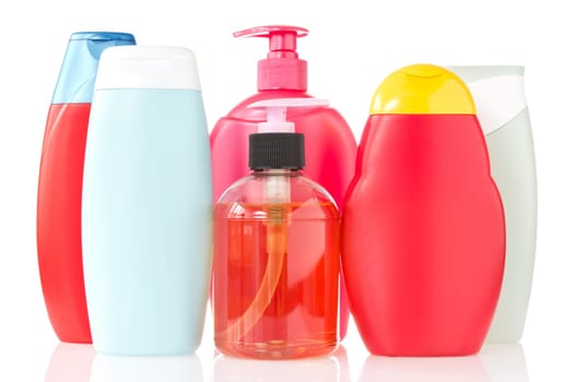 set of cosmetic bottles isolated on white background