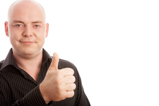 bald man in shirt thumb up and smiling