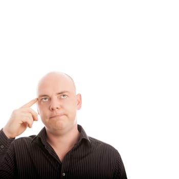 bald man with finger thinking on idea