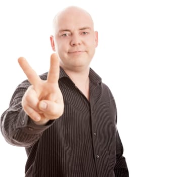 Bald man with black shirt sign victory