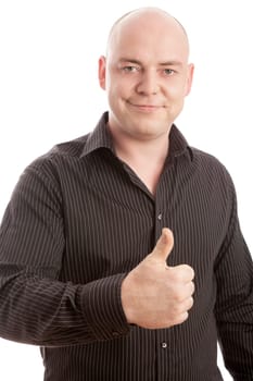 bald man in shirt thumb up and smiling