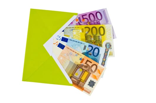 Euro banknotes in green envelope