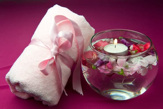 scented products for body care on colored background