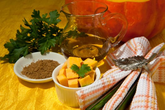 cubes of cooked pumpkin with olive oil seasoned , pepper and salt