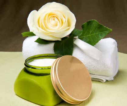 natural products for body care on colored background