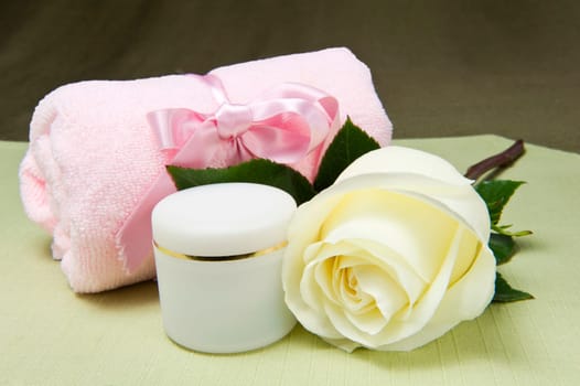 natural products for body care on colored background