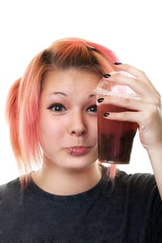 Teenager with bubble tea,portrait against white background