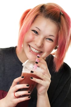 Teenager with bubble tea,portrait against white background