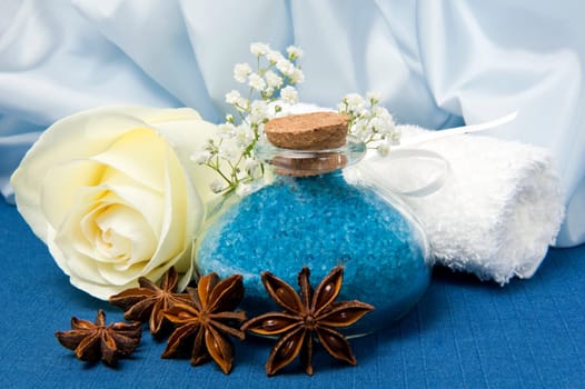 natural products for body care on colored background