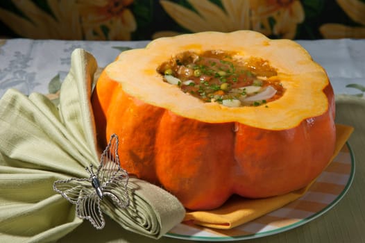 rustic soup with mixed vegetables and pumpkin