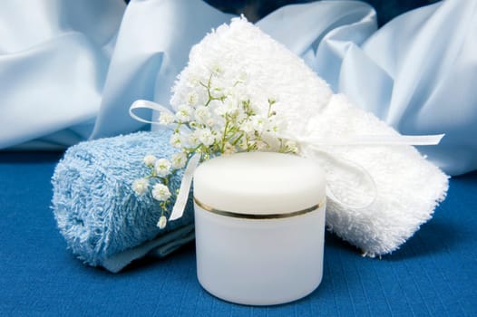 natural products for body care on colored background