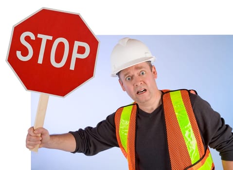 A construction worker is angrily asking to stop doing something. Conceptual for many applications