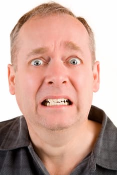 Portrait of someone being stressed out isolated on white.