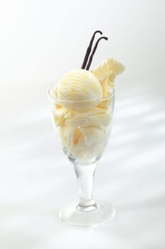 Rich creamy vanilla icecream in a glass with vanilla pods used as a flavouring during production