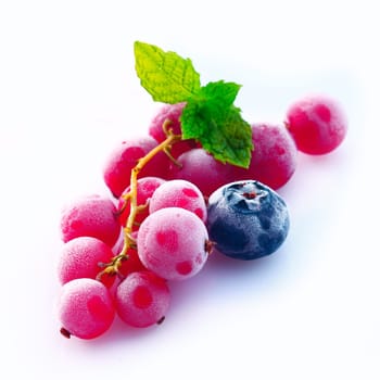 Assortment of chilled redcurrant, blueberry and raspberry berries with skins frosted with moisture