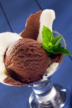 Closeup of a scrumptious rich textured chocolate icecream ball garnished with mint and served with duotone chololate-vanilla icecream