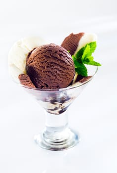 Glass cocktail glass filled with balls of textured creamy chocolate and vanilla ice cream garnished with mint