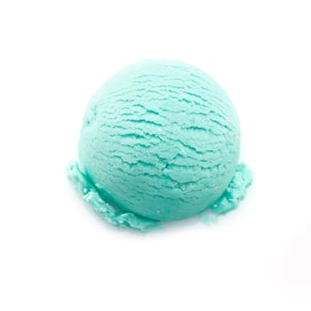 High angle view on a scoop of turquoise ice cream isolated on white background