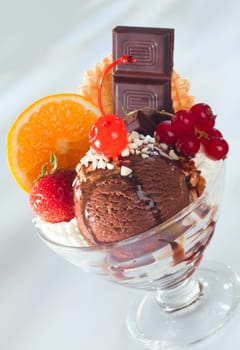 Beautifully decorated chocolate ice cream with fresh fruits in it