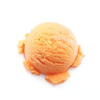 High angle view on a scoop of mango ice cream isolated on white background