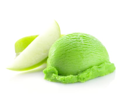 Green Scoop of Icecream with apple flavor and pieces of apple. Isolated on white background