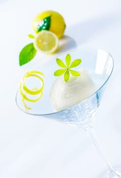 Refreshing lemon sorbet cocktail with zest served as an appetizer in an elegant martini glass