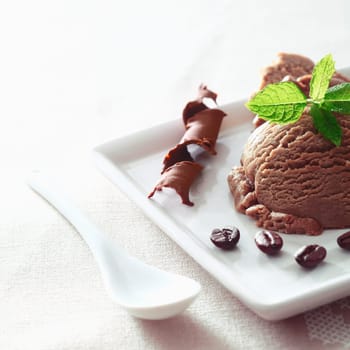 Serving of coffee icecream garnished with coiled chocolate and freshly roasted beans