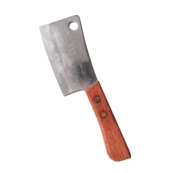 Sharp steel chopper used during food preparation in a kitchen by a chef isolated on white
