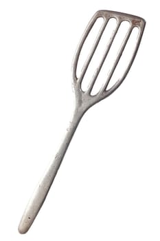 Old metal grilling spatula isolated on white