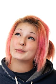 Looking up,teenager with red hair against white background
