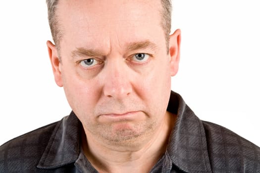 Man has a perplexed and skeptical attitude.